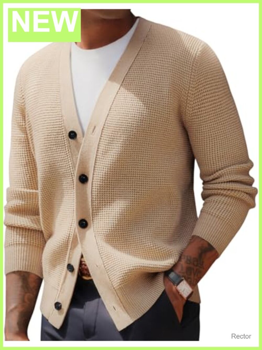 Mens Waffle Textured Cardigan Sweater Long Sleeve V-Neck Knit